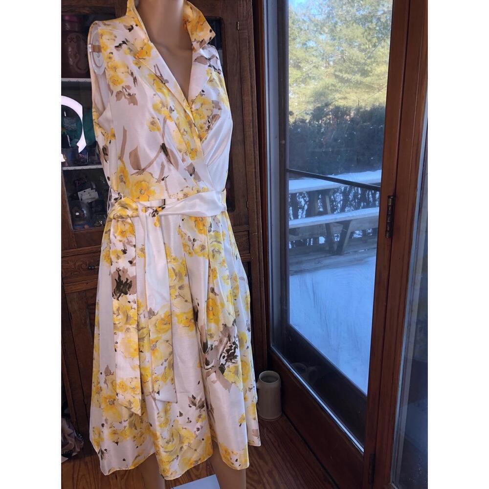 JH Yellow Floral Print Sleeveless Collared Womens Wrap Dress Size 8